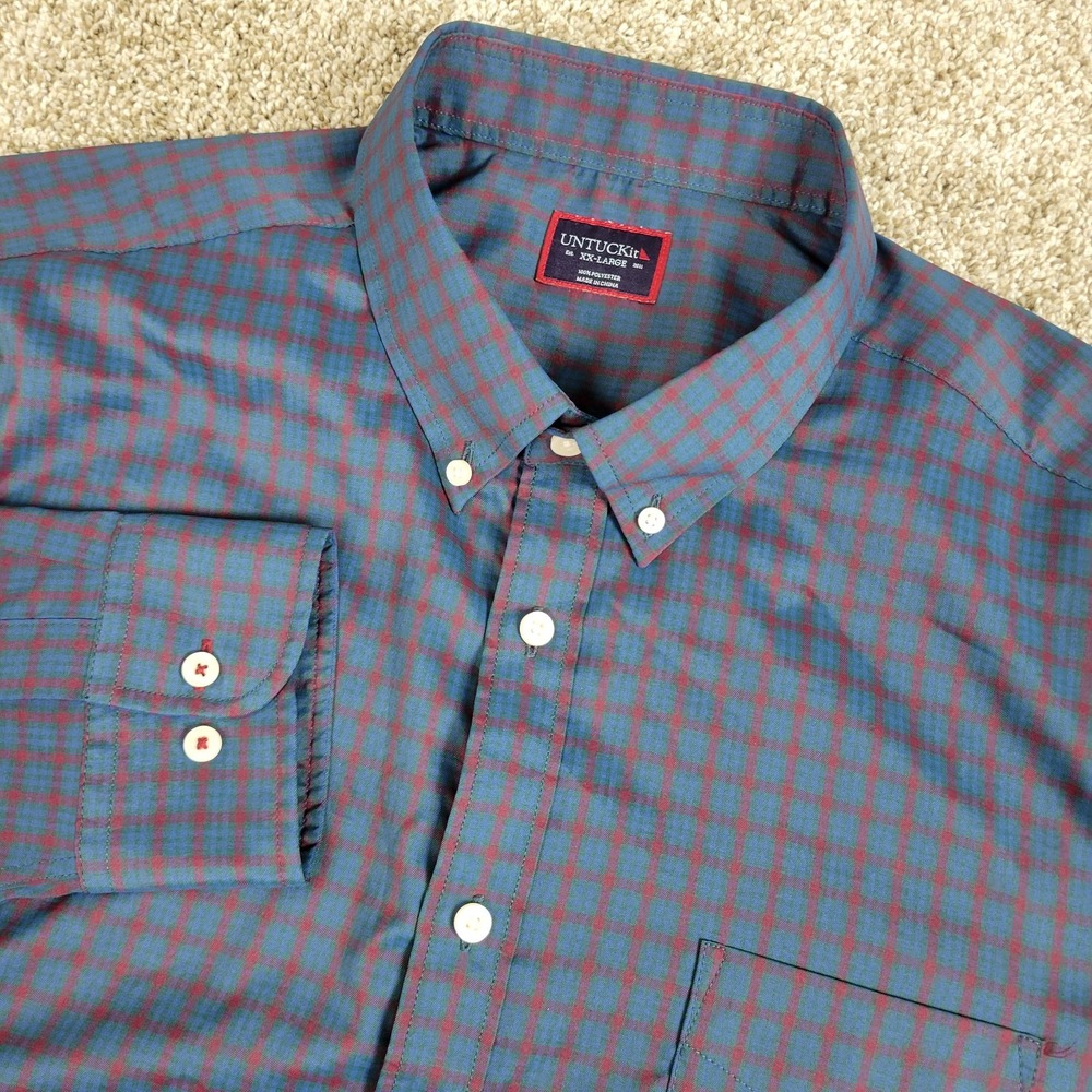Untuckit Mens 2XL Blue Red Check Performance Stretch Button Down Long Sleeve